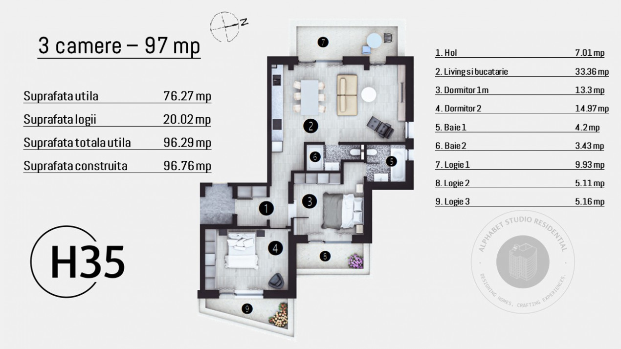 HELIADE INTRE VII - 3 CAMERE 97 MP, ETAJ 1, NZEB!